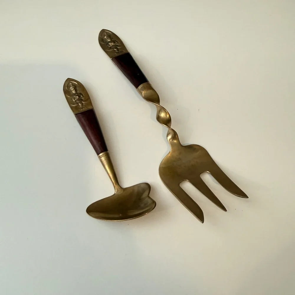 Vintage Siam Brass‎ Wood Salad Serving Set Thai Goddess Twisted Fork Spoon 2pc